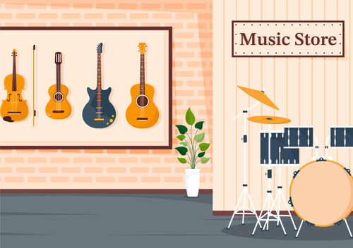 Guitar violin drum and other musical equipment vector