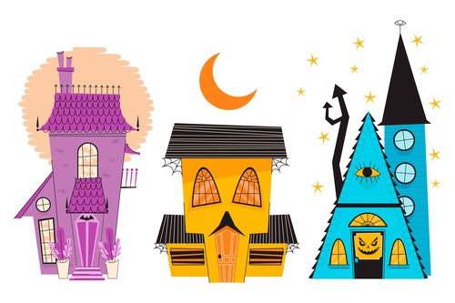 Hand drawn flat halloween haunted houses collection vector