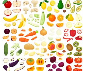 Large set of illustration vector of sliced fruits and vegetables