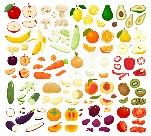Large set of illustration vector of sliced fruits and vegetables
