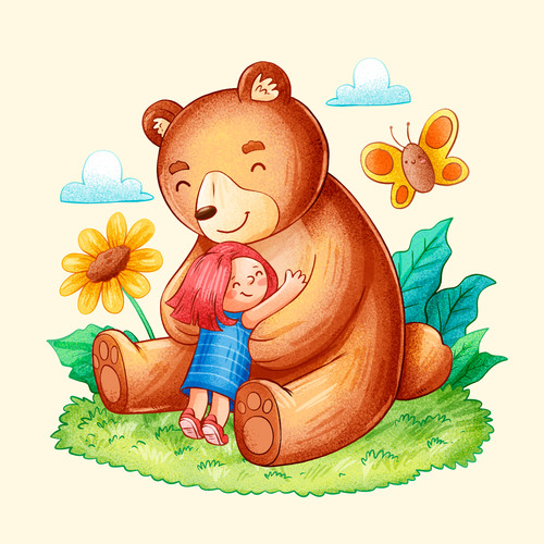 Little girl and bear illustration vector