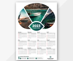 Ocean boat and mountain background 2023 calendar vector