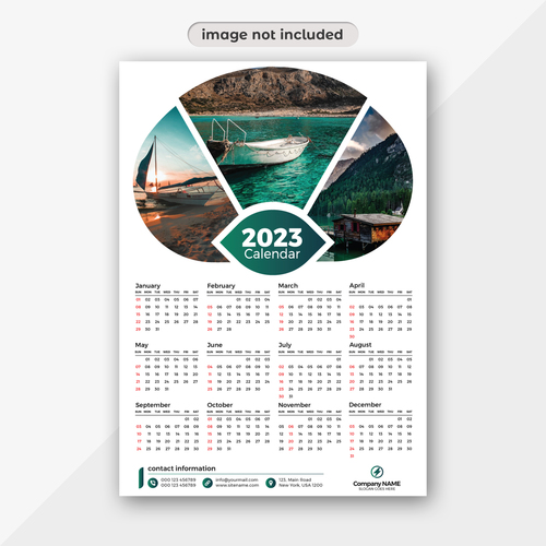 Ocean boat and mountain background 2023 calendar vector