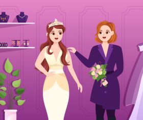 The bride selects the wedding dress illustration vector
