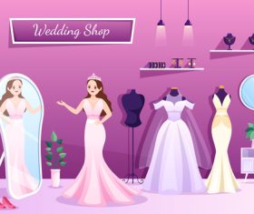 The bride tries on the wedding dress in front of the mirror vector