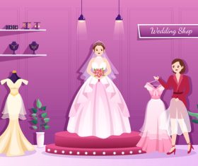 The bride tries on the wedding dress vector