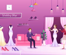 The groom and bride are in the illustration vector of the wedding dress shop