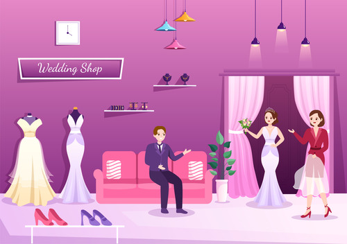The groom and bride are in the illustration vector of the wedding dress shop
