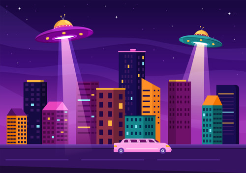 The illustration vector of two UFO over the city