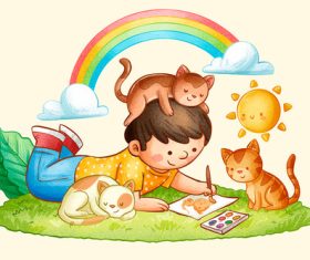 The little boy who drew the cat vector