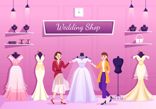 The wedding shop attendant introduces the wedding dress illustration vector