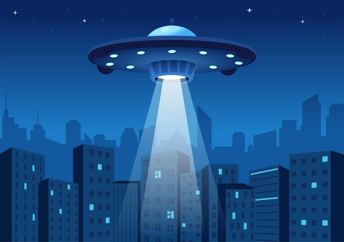 UFO illustration vector over residential buildings