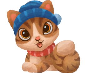 Watercolor art cartoon christmas cat wearing hat scarf vector