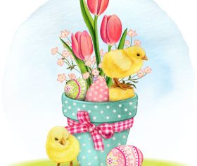Bowknot flowerpots and chickens and Easter eggs vector