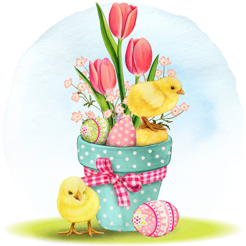 Bowknot flowerpots and chickens and Easter eggs vector