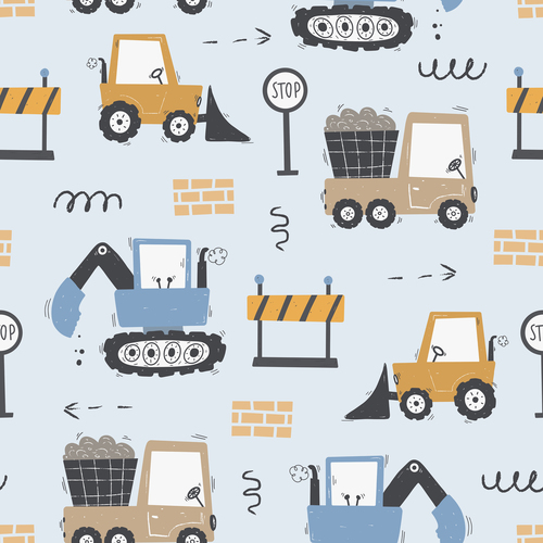Cartoon background pattern vector of various excavators