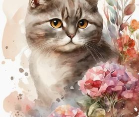 Cat and flower watercolor painting vector