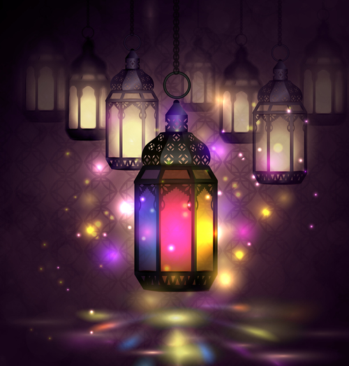 Colorful lantern ramadan kareem card vector