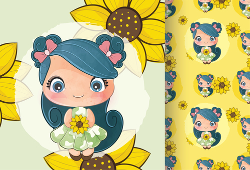 Cute little girl with sun flowers seamless patterns vector