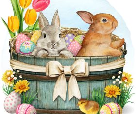 Easter wooden bucket with bunnies chicken decorated eggs vector