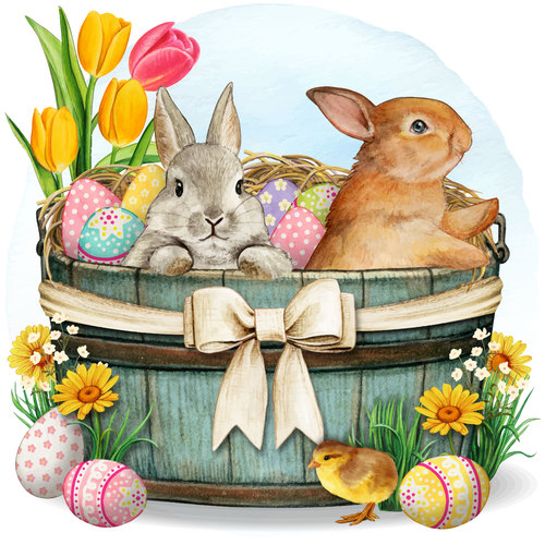 Easter wooden bucket with bunnies chicken decorated eggs vector