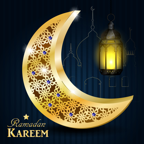 Golden crescent and lantern ramadan kareem card vector