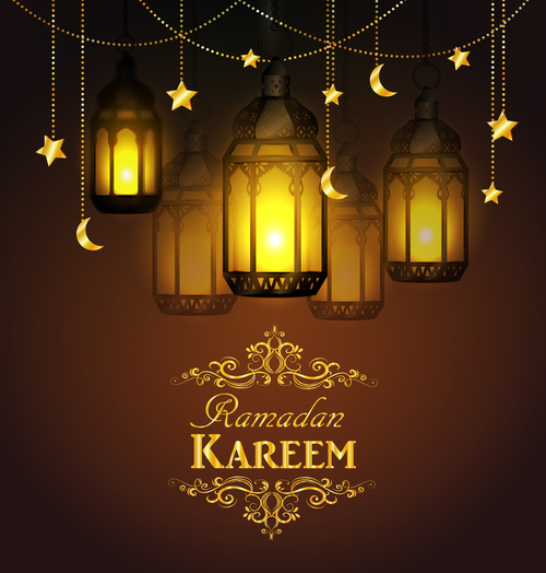 Golden lantern and crescent pendant ramadan kareem card vector