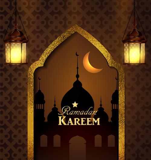 Golden mosque and lantern background vector