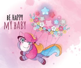 Happy playing unicorn cartoon illustration vector