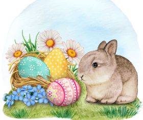 Little rabbit and colored eggs vector