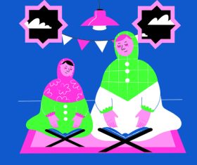 Mother and daughter Ramadan pray vector