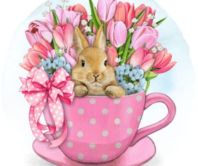 Pink cup with a bunny and spring flowers vector