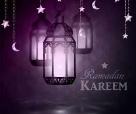 Purple lantern and crescent pendant ramadan kareem card vector