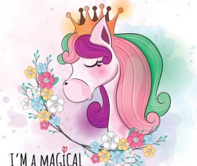 Shy unicorn cartoon illustration vector