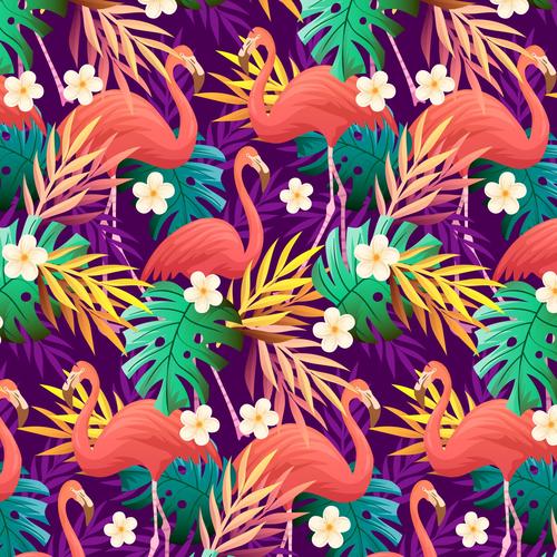 Tropical plants and birds seamless background vector