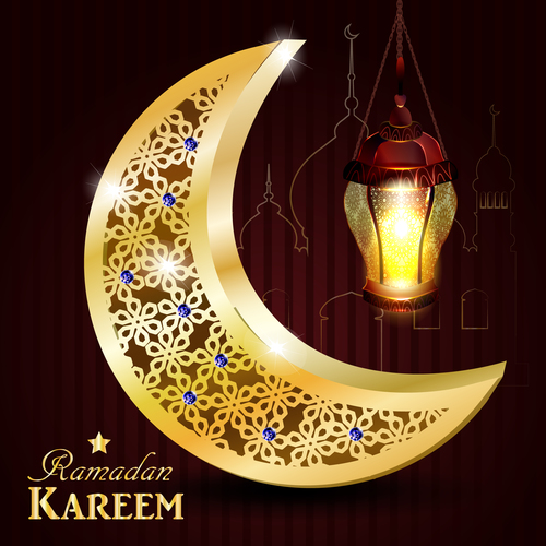 lantern and crescent ramadan kareem card vector
