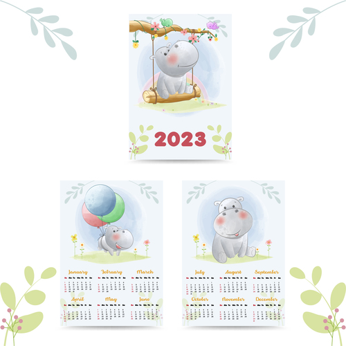 2023 cute hippopotamus calendar vector