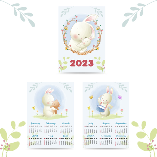 Bunny calendar 2023 watercolor illustration vector