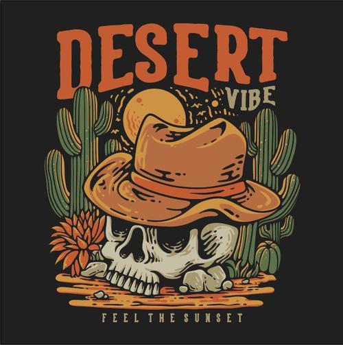 Desert vibes with skull wearing a cowboy hat vector