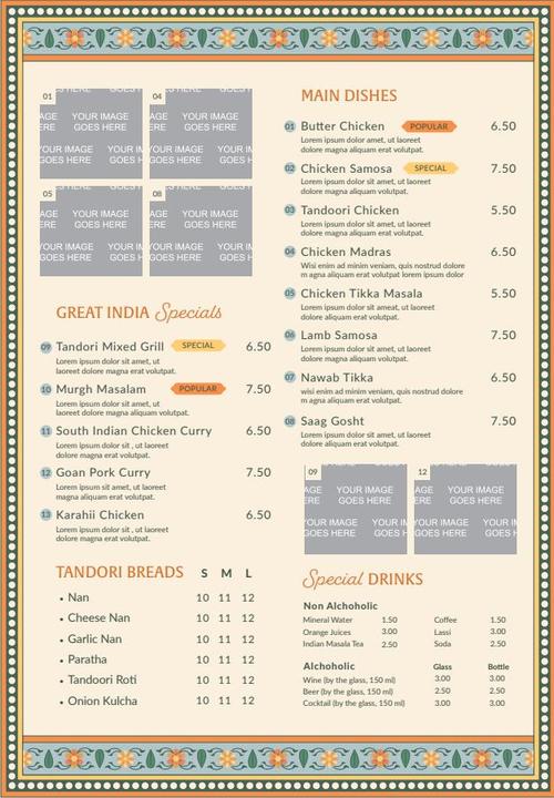 Indian menu template vector