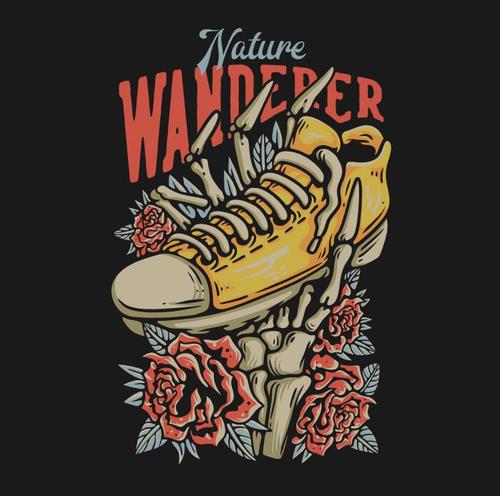 Nature wanderer with skeleton hand holding a shoe vector