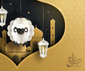 Sheep and mosque background Eid mubarak card vector