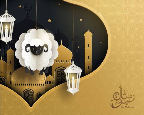 Sheep and mosque background Eid mubarak card vector