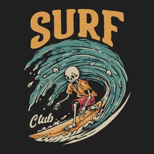Surf club with skeleton doing surfing vector