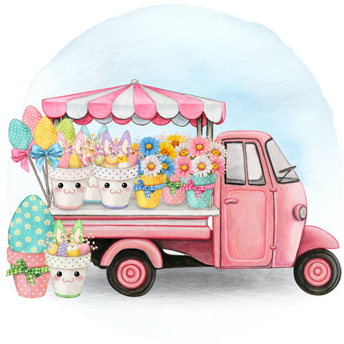 Vector watercolor easter floral market truck