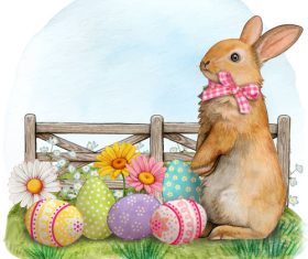 Watercolor easter bunny with decorated eggs vector