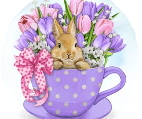 Watercolor hand drawn cute bunny tea cup vector