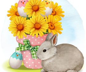 Watercolor yellow daisy bouquet with easter eggs and bunny vector