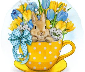 Yellow cup with a bunny and spring flowers vector