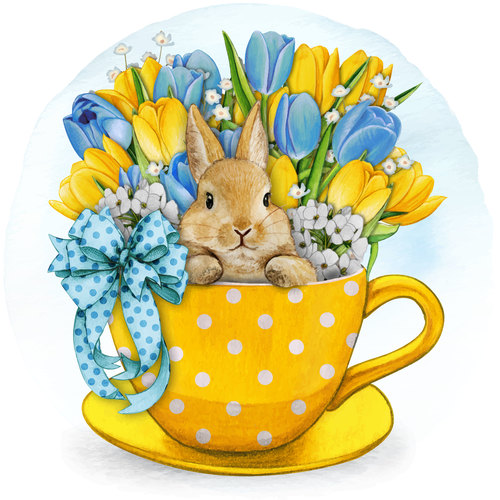 Yellow cup with a bunny and spring flowers vector